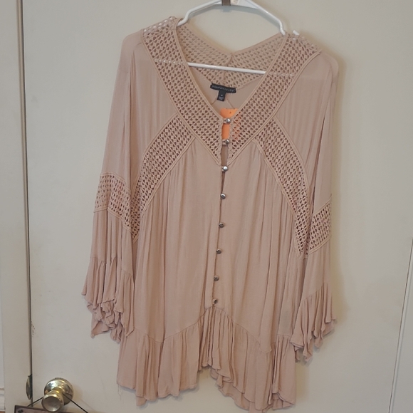 Pink/Tan Shell Blouse With Bell Sleeve - Picture 1 of 6